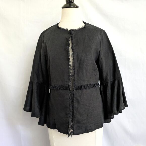 Chico's 100% Linen Black Jacket Size 0 (S) 3/4 Bell Sleeve Fringe Boho NWT - Picture 2 of 12